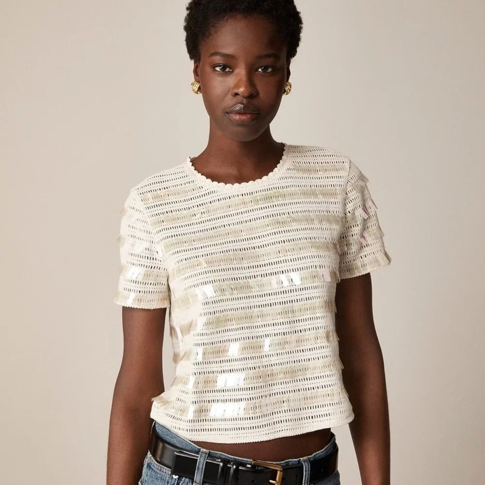 NWT!! J. CREW Crochet Shirt Shimmery Sequins Knit Party Glam Preppy X-Small‎